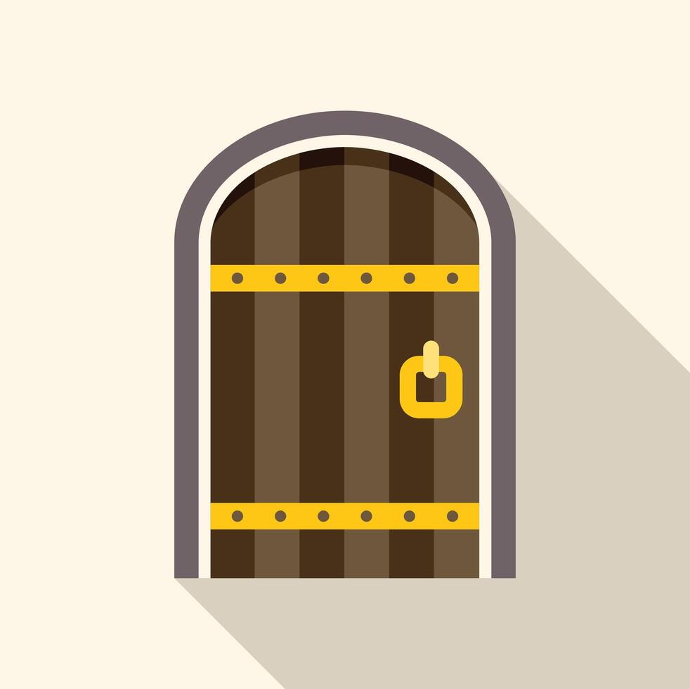 Arched wooden door with metal decorations and handle vector