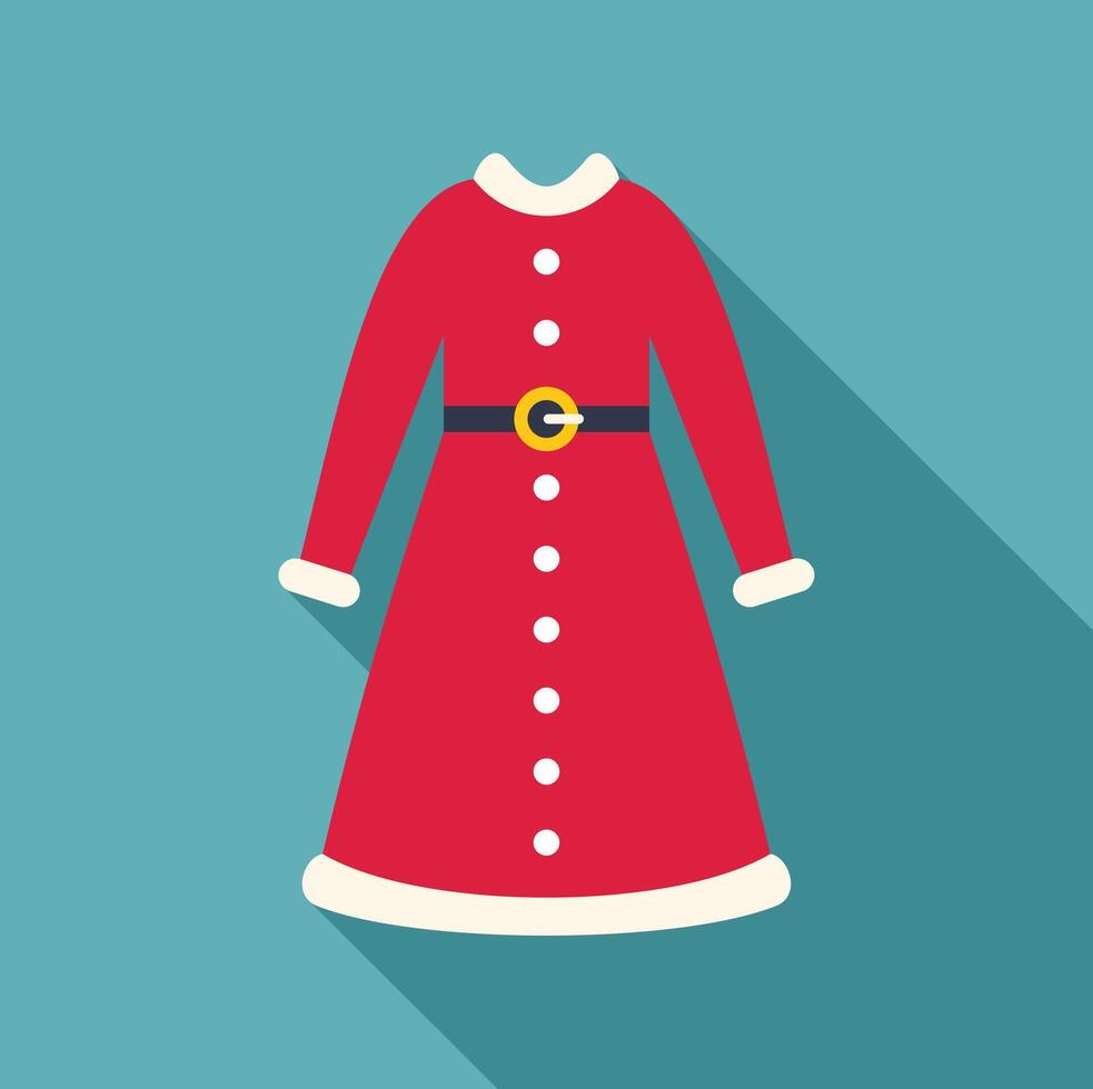 Red christmas dress with white fur collar and cuffs featuring gold buckle belt on teal background vector