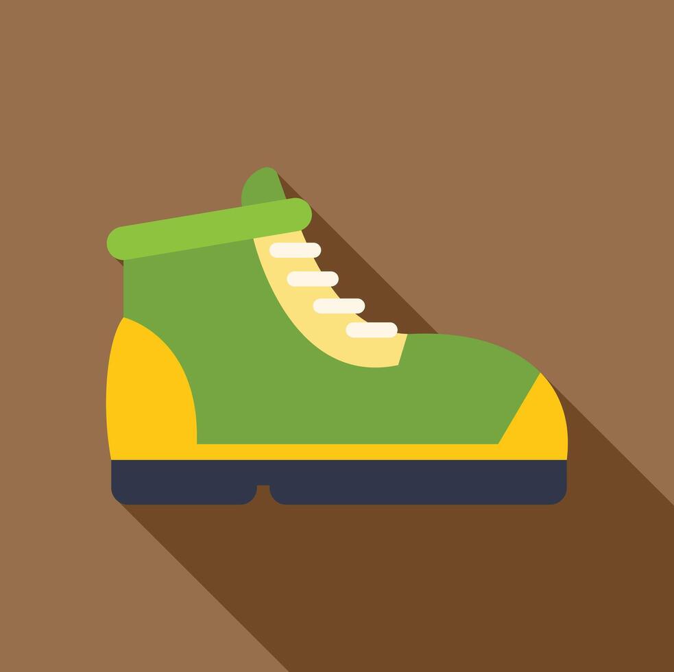 Green and yellow hiking boot with long shadow on brown background vector