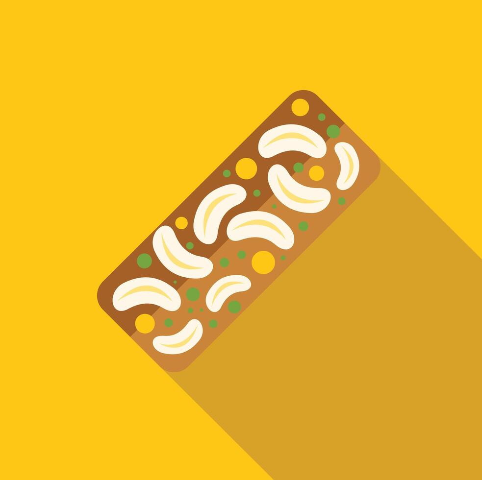 Banana bread loaf with sliced banana toppings on vibrant yellow background vector