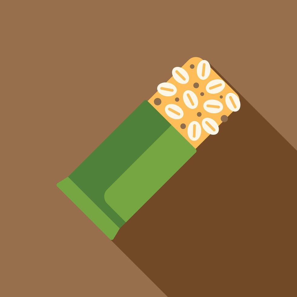 Protein bar with oat flakes coming out of green packaging on a brown background vector