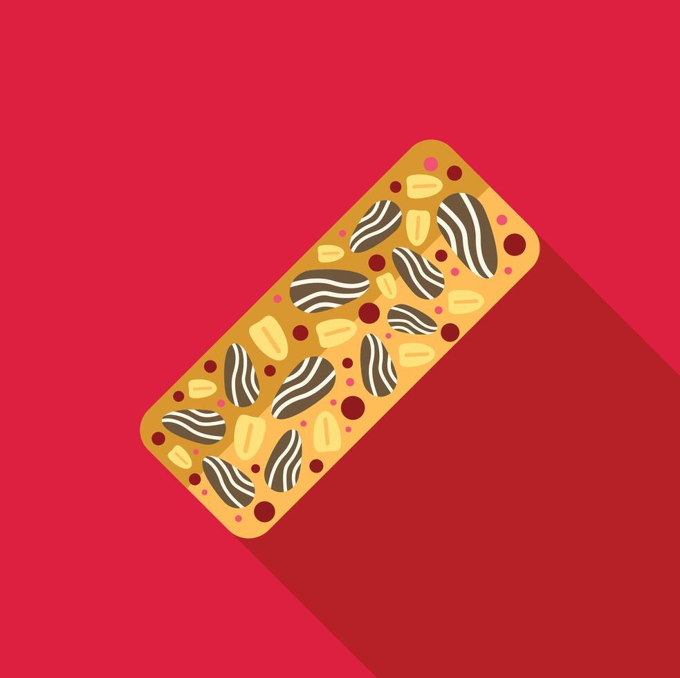 Protein bar with nuts, seeds, and dried fruits on red background vector
