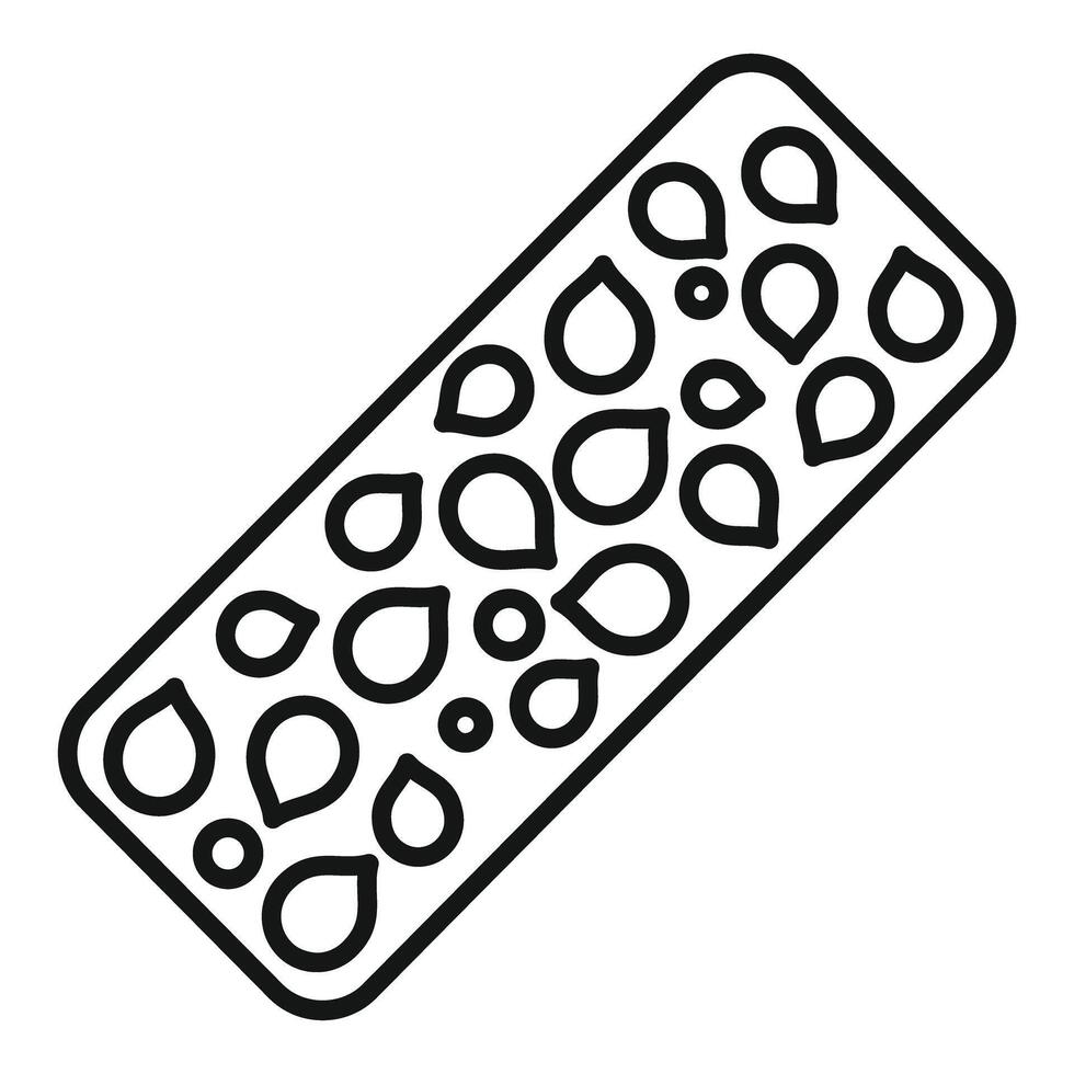 Rectangular chocolate bar with nuts and drops filling, outline icon vector