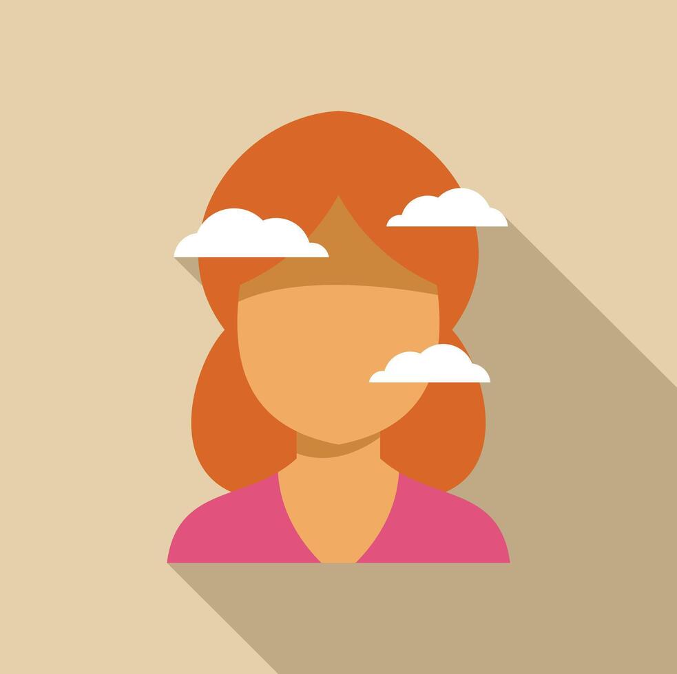 Woman feeling confused and lost in thoughts with clouds covering face vector