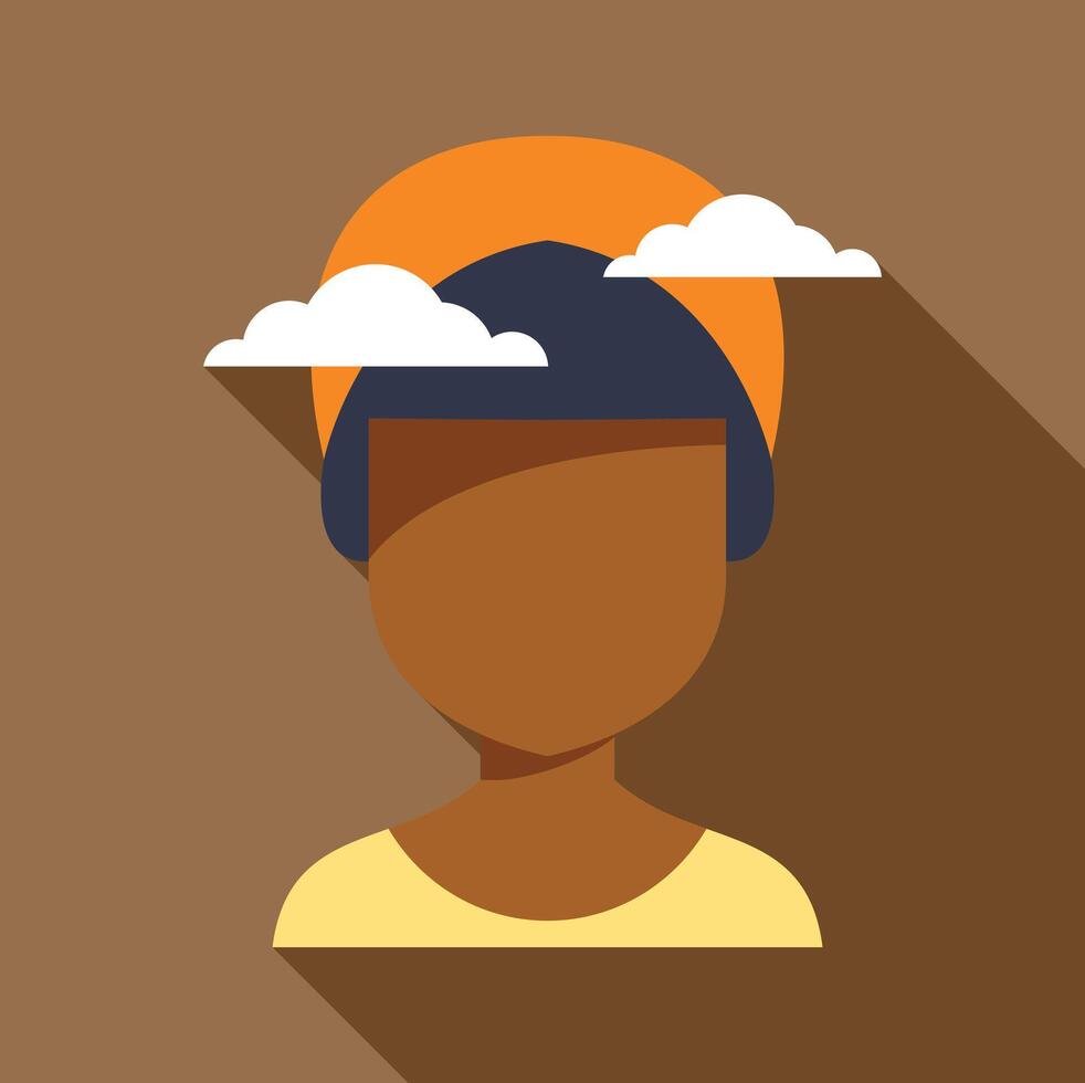 Person experiencing vivid dreams with sun and clouds, surreal illustration vector