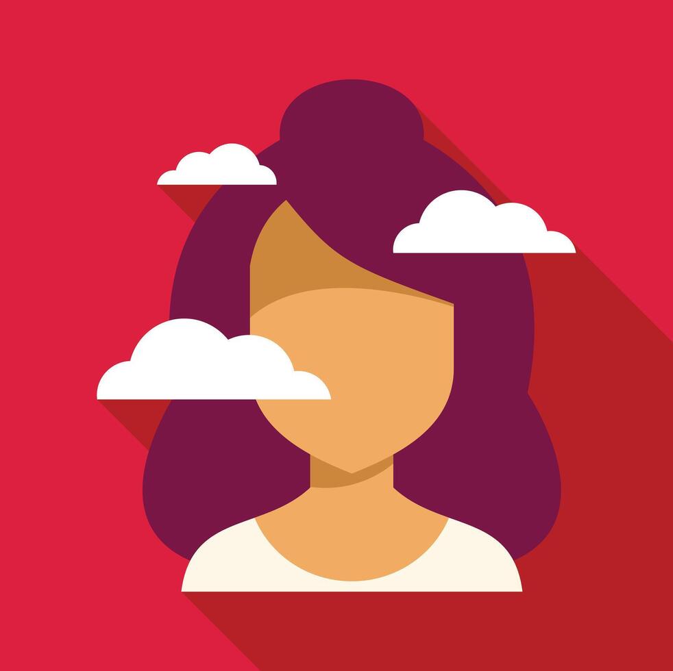 Woman feeling confused and lost in thoughts represented by clouds over her face vector