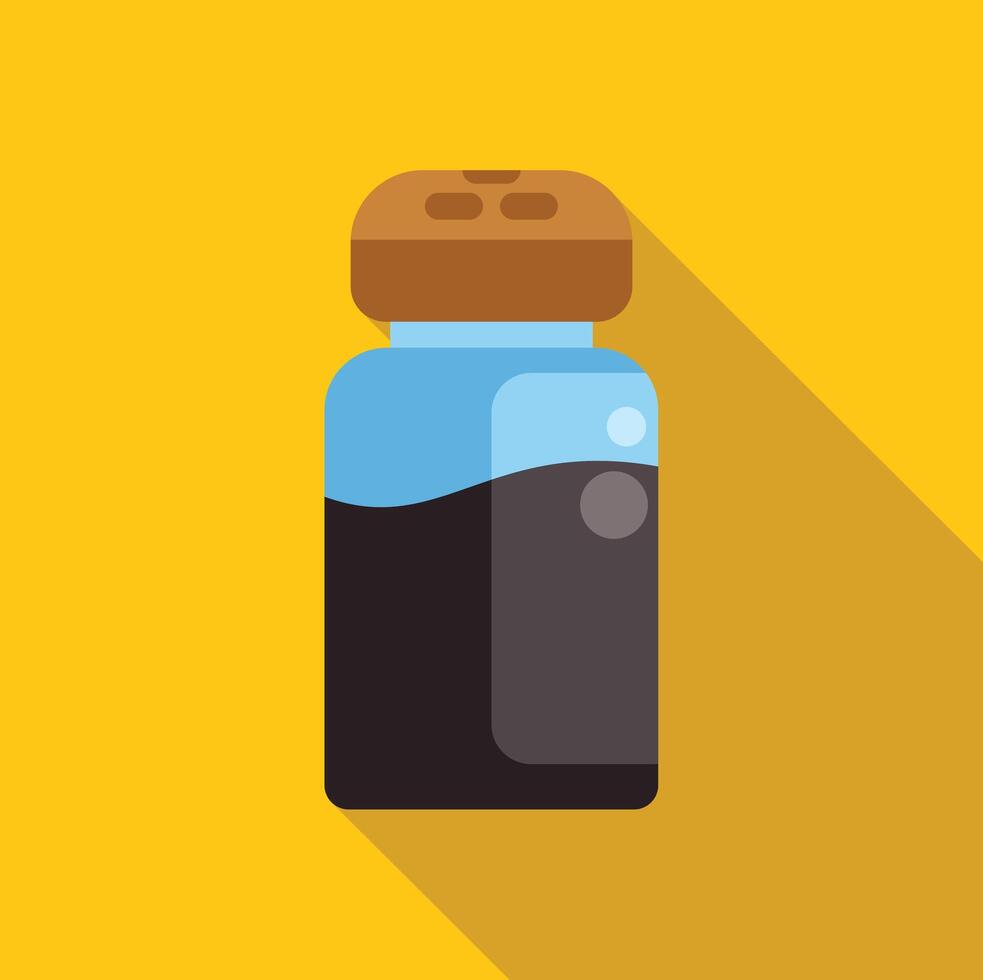 Glass pepper shaker with brown lid containing black pepper on yellow background vector