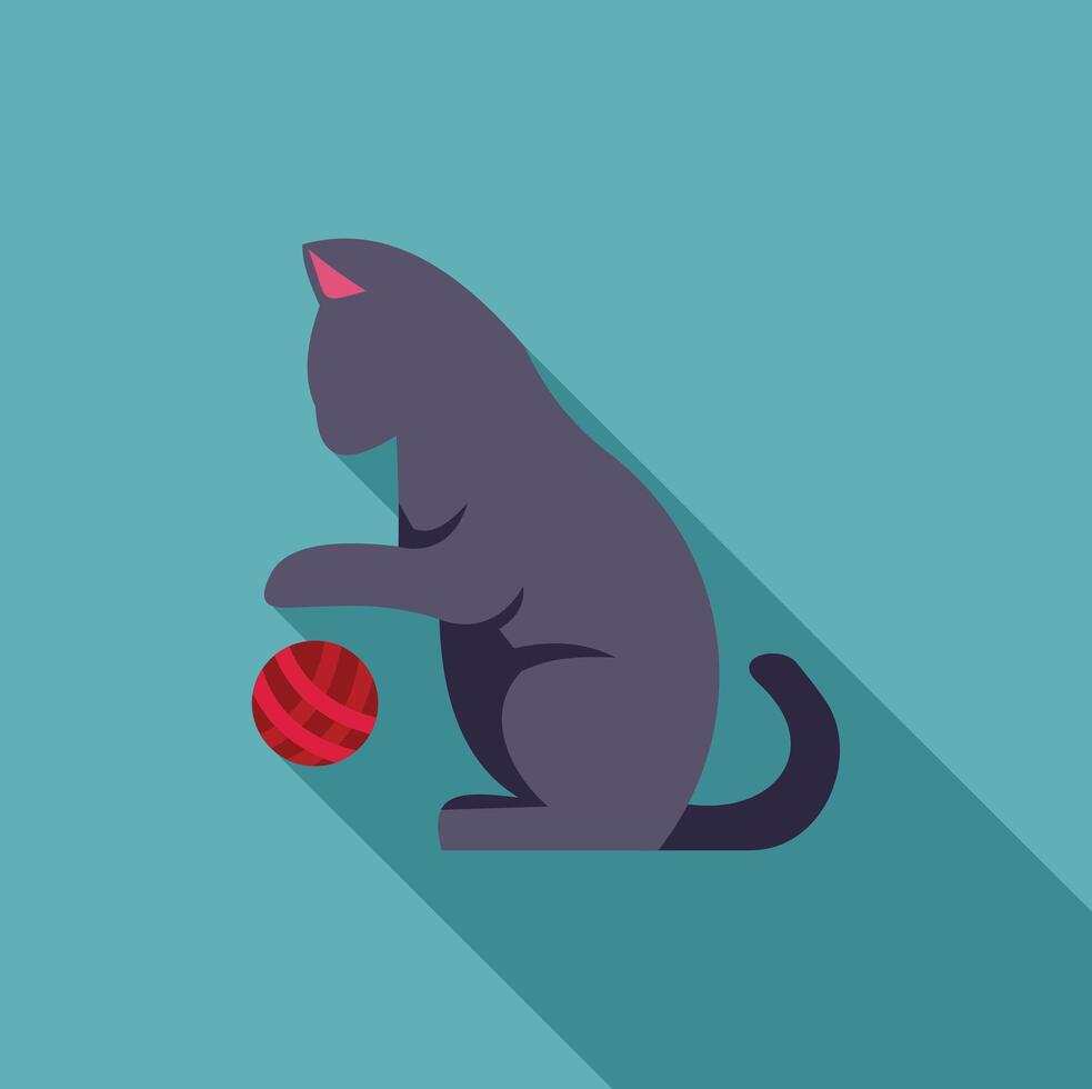 Grey cat playing with red yarn ball, minimalist illustration vector