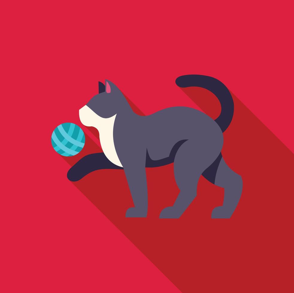 Playful cat gently touching ball of yarn with paw vector
