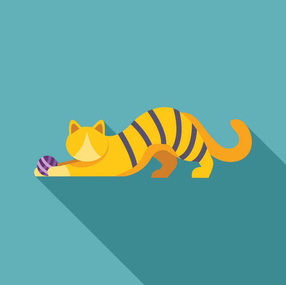 Orange tabby cat with black stripes stretching and reaching for purple yarn ball vector