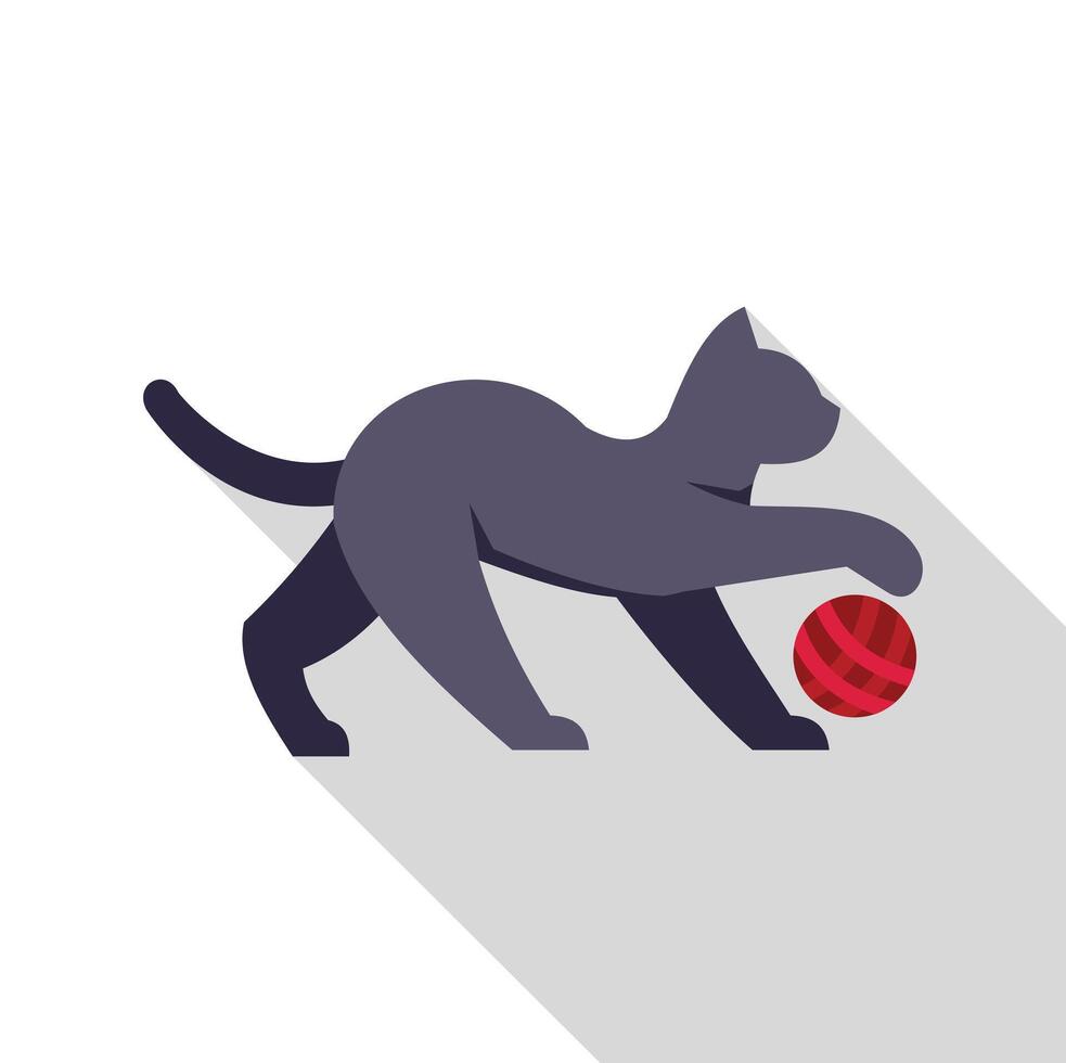 Playful cat playing with red yarn ball, flat design with long shadow vector