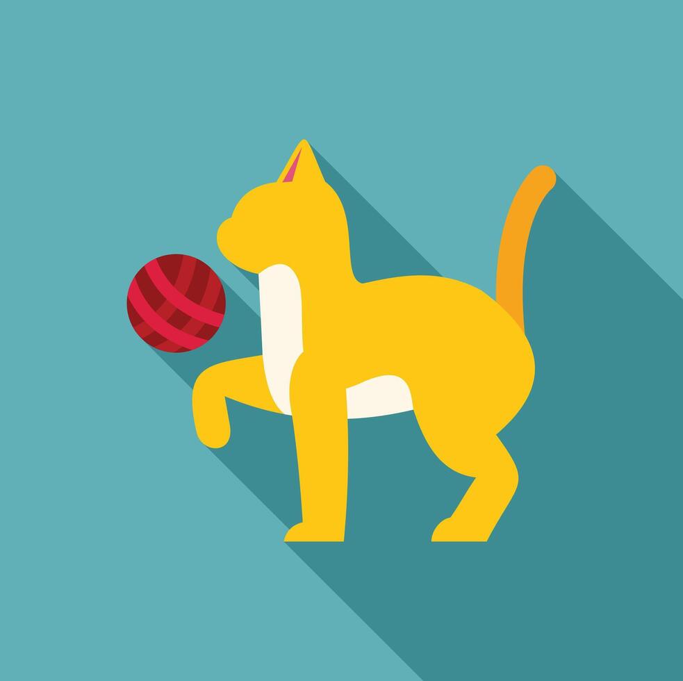 Playful yellow cat raising paw playing with red ball of yarn vector