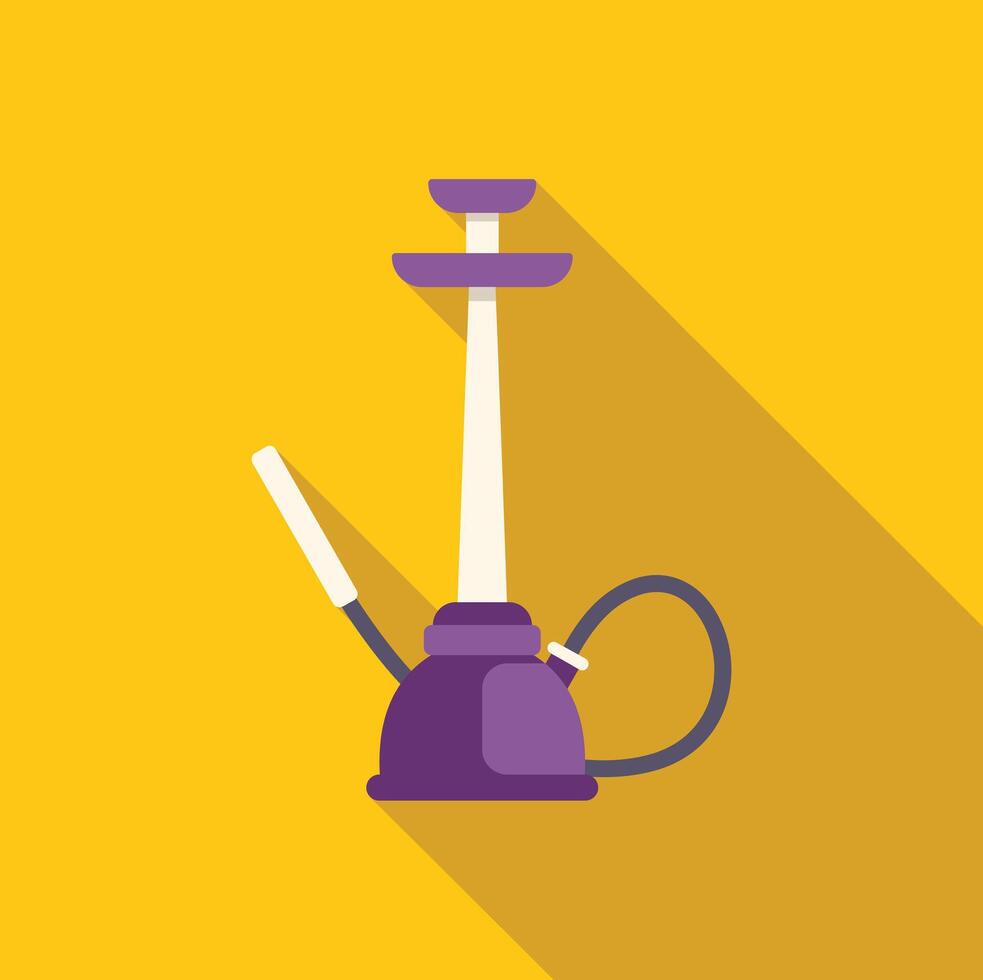 Purple hookah with long stem and hose on yellow background vector