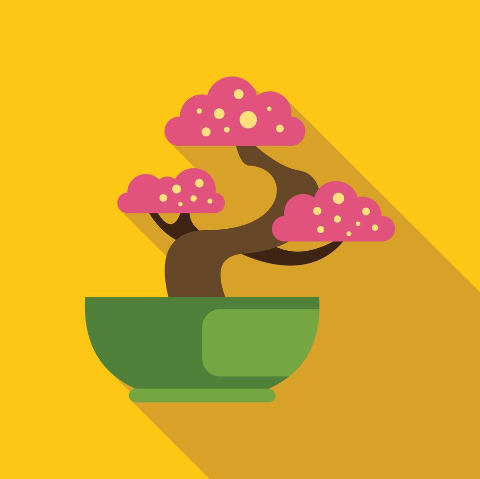 Blooming bonsai tree in a green pot with yellow background vector