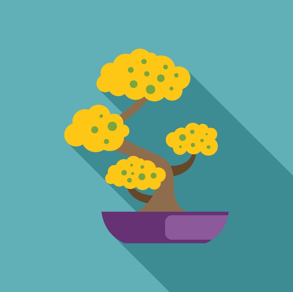 Yellow bonsai tree growing in a purple pot with long shadow vector