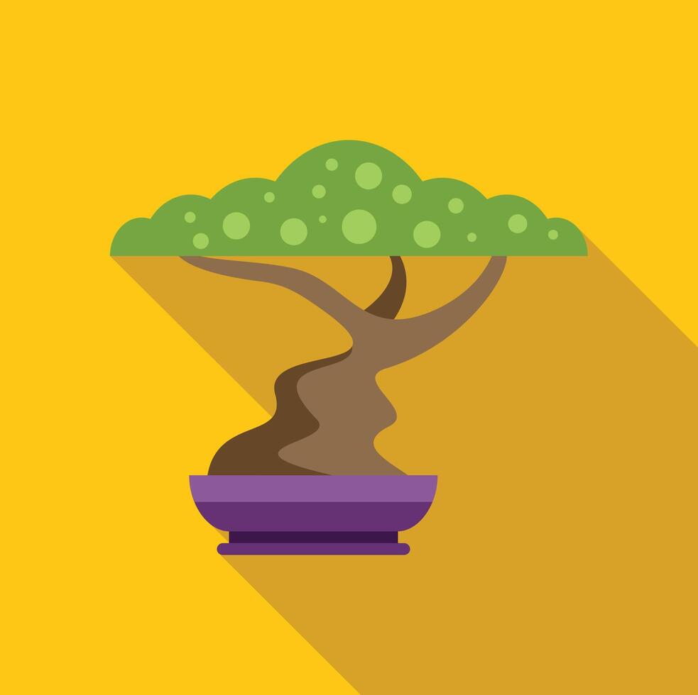 Bonsai tree growing in a purple pot on yellow background vector
