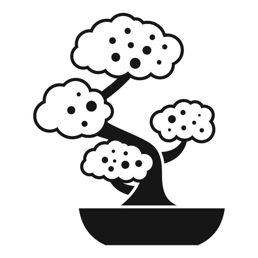 Bonsai tree growing in a shallow pot, simple black and white icon vector