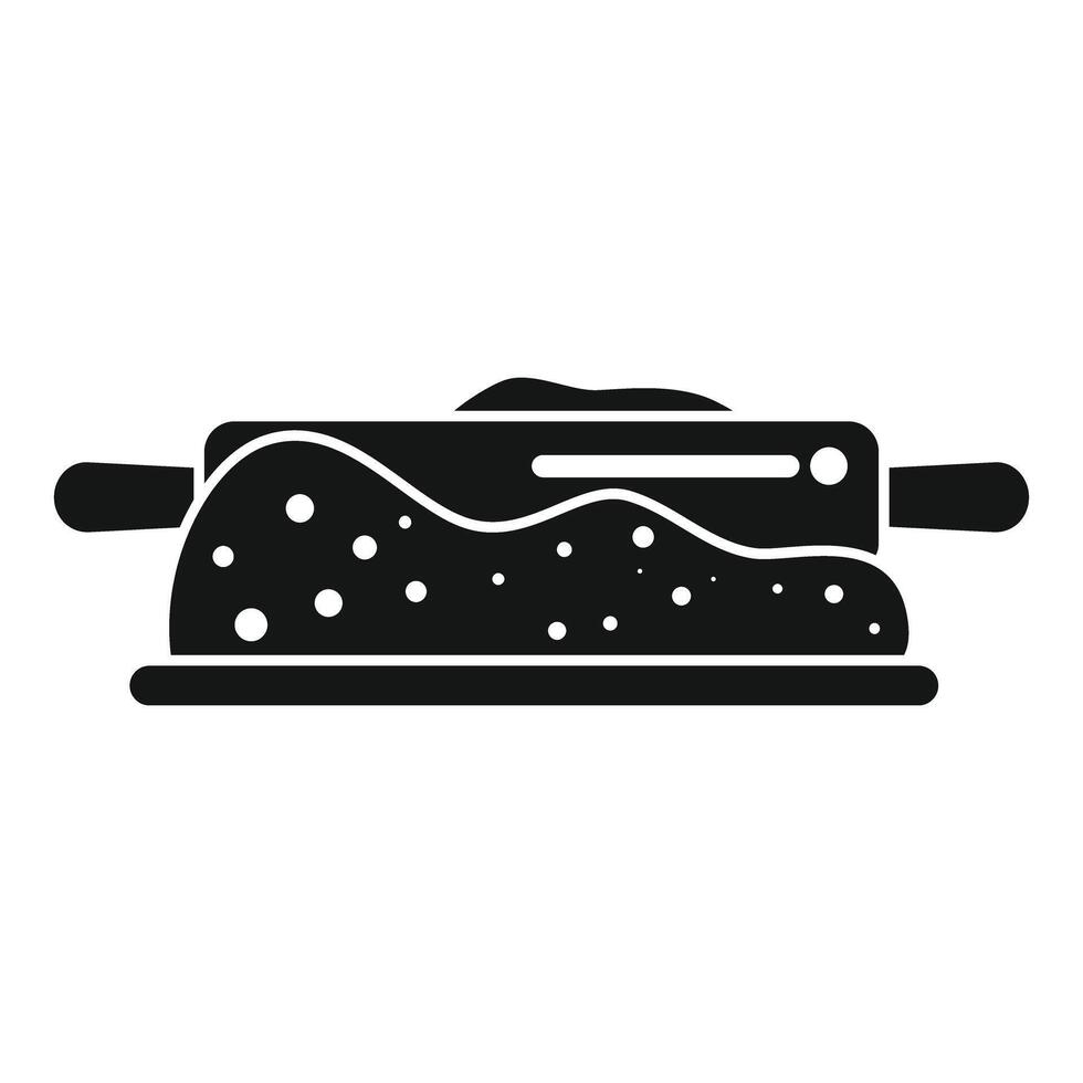 Rolling pin flattening dough on a wooden board, baking preparation icon vector