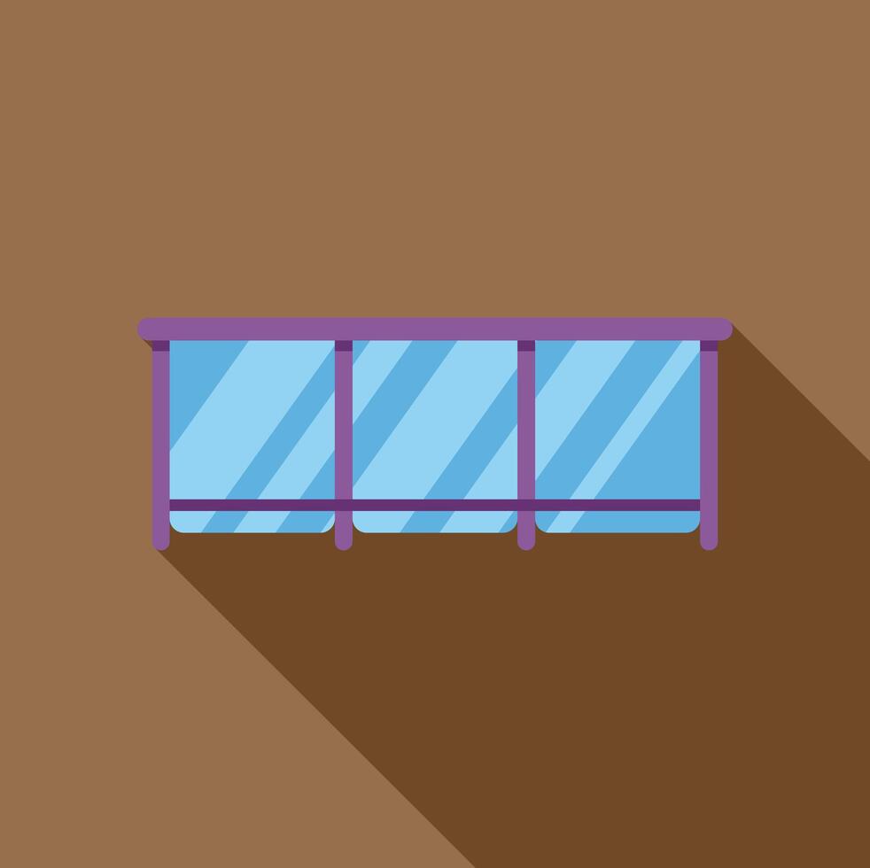 Glass balcony with metal railing overlooking cityscape, flat design illustration vector