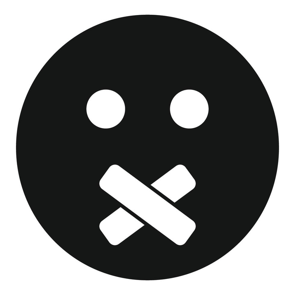 Black emoji with white crossed tape over mouth keeping quiet vector