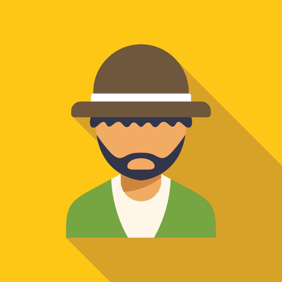 Bearded farmer wearing brown hat and green jacket, flat design illustration vector