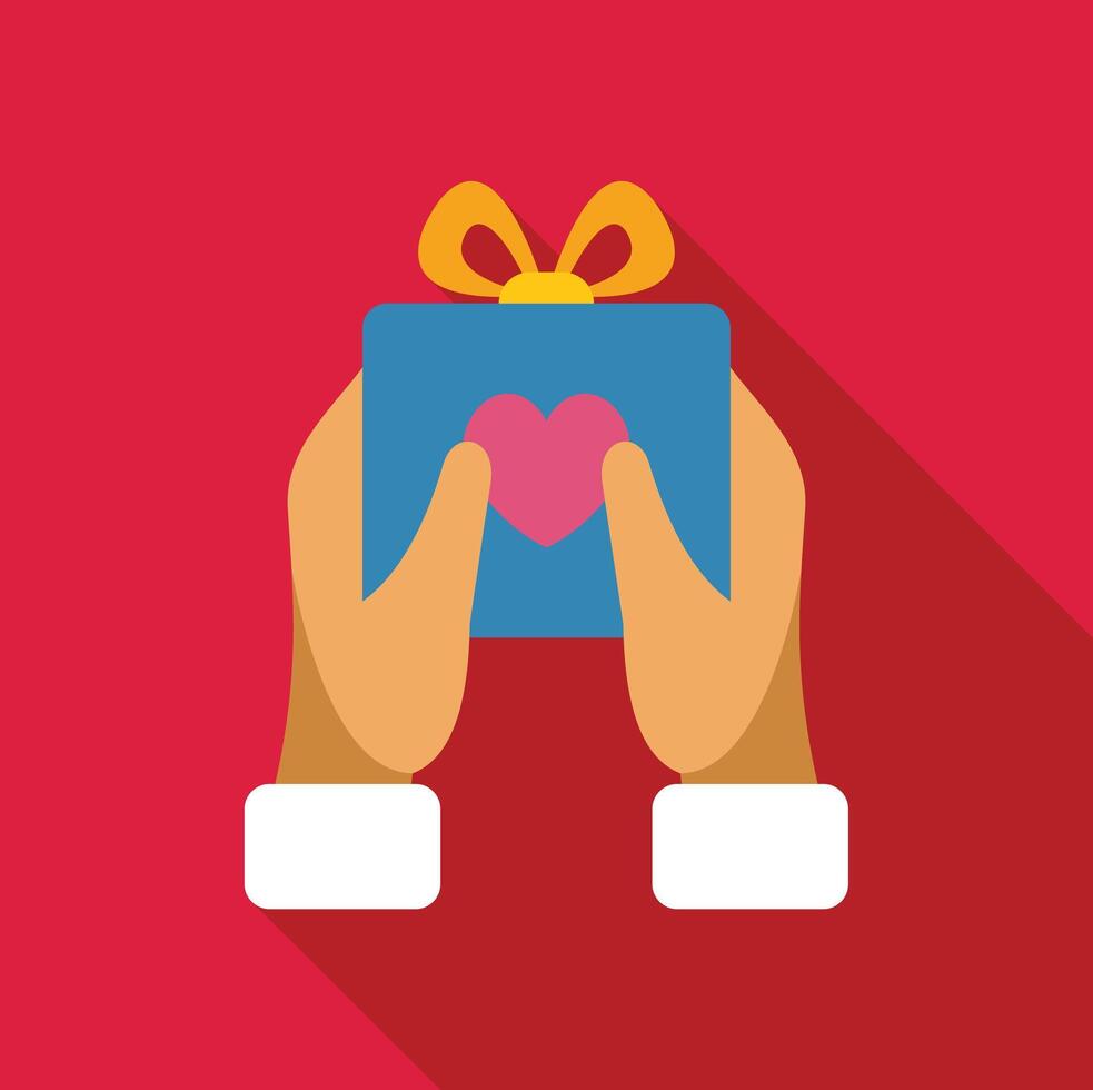 Hands holding gift box with heart symbol on red background vector