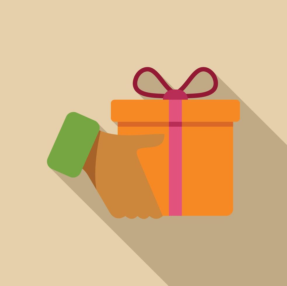 Hand holding orange gift box with ribbon and bow, flat design with long shadow vector