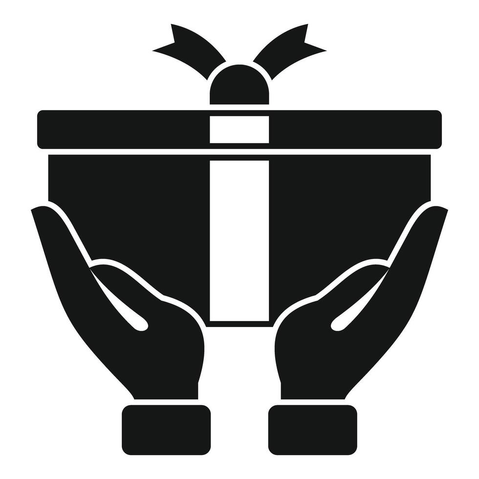Giving wrapped gift box with ribbon bow in open hands icon vector