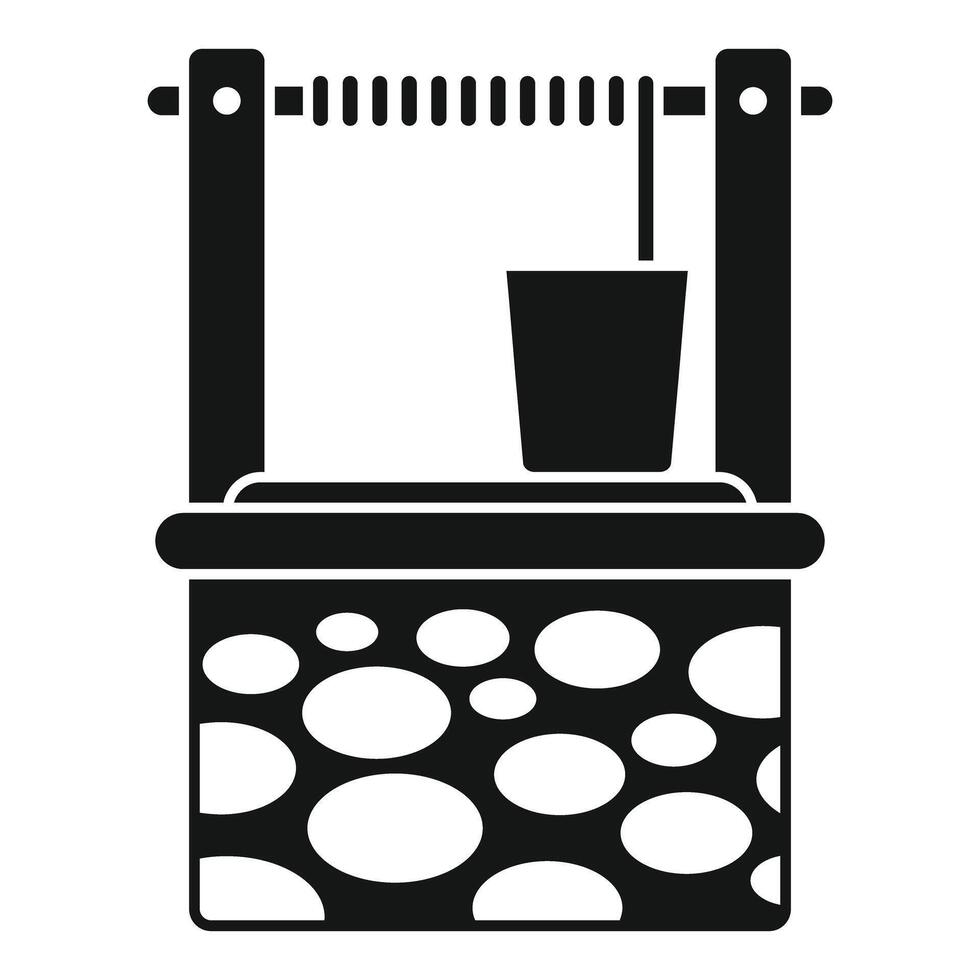 Water well with bucket hanging on rope, simple black icon design vector