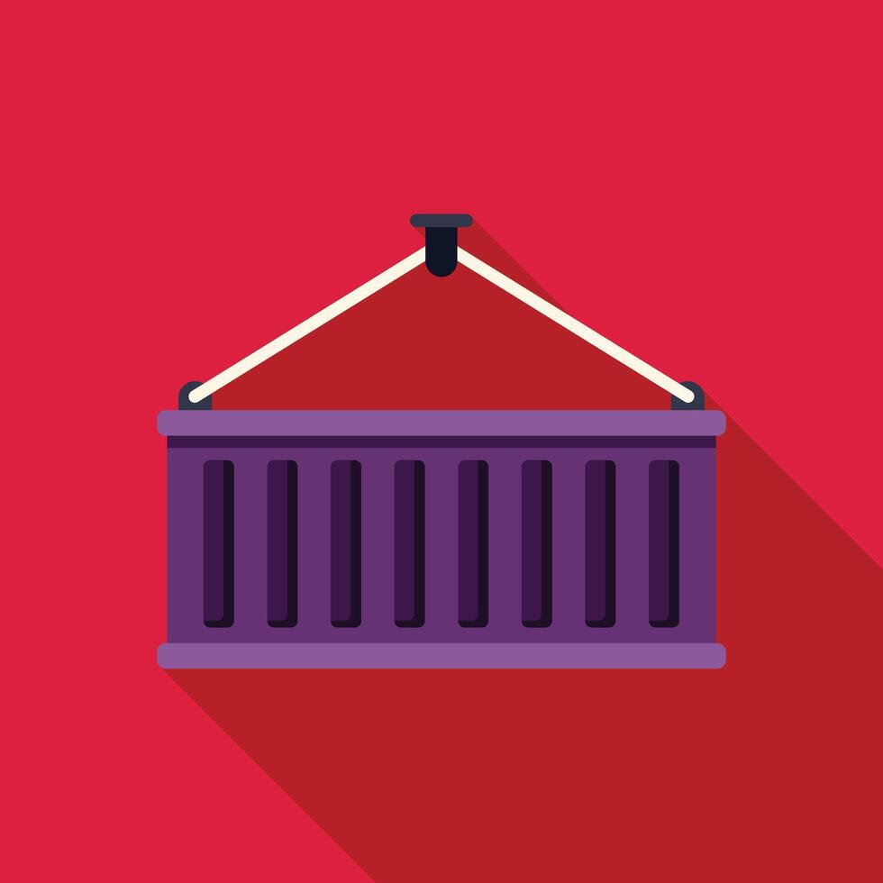 Crane lifting purple cargo container on red background vector