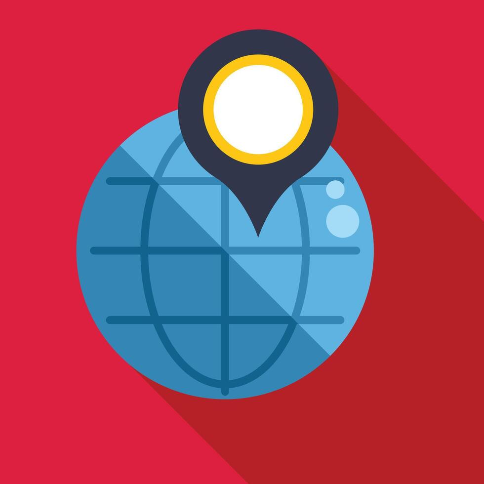 Location pin pointing world globe on red background vector