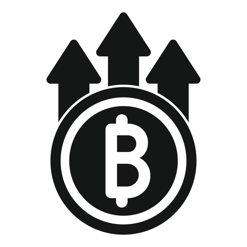 Cryptocurrency growing up, bitcoin coin increasing value with upward arrows vector