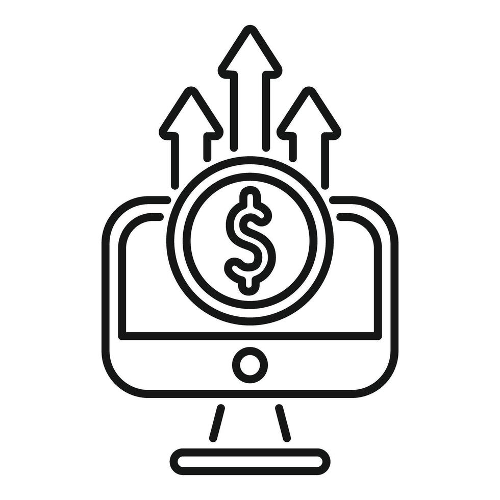 Computer showing increasing profit with dollar coin and upward arrows vector