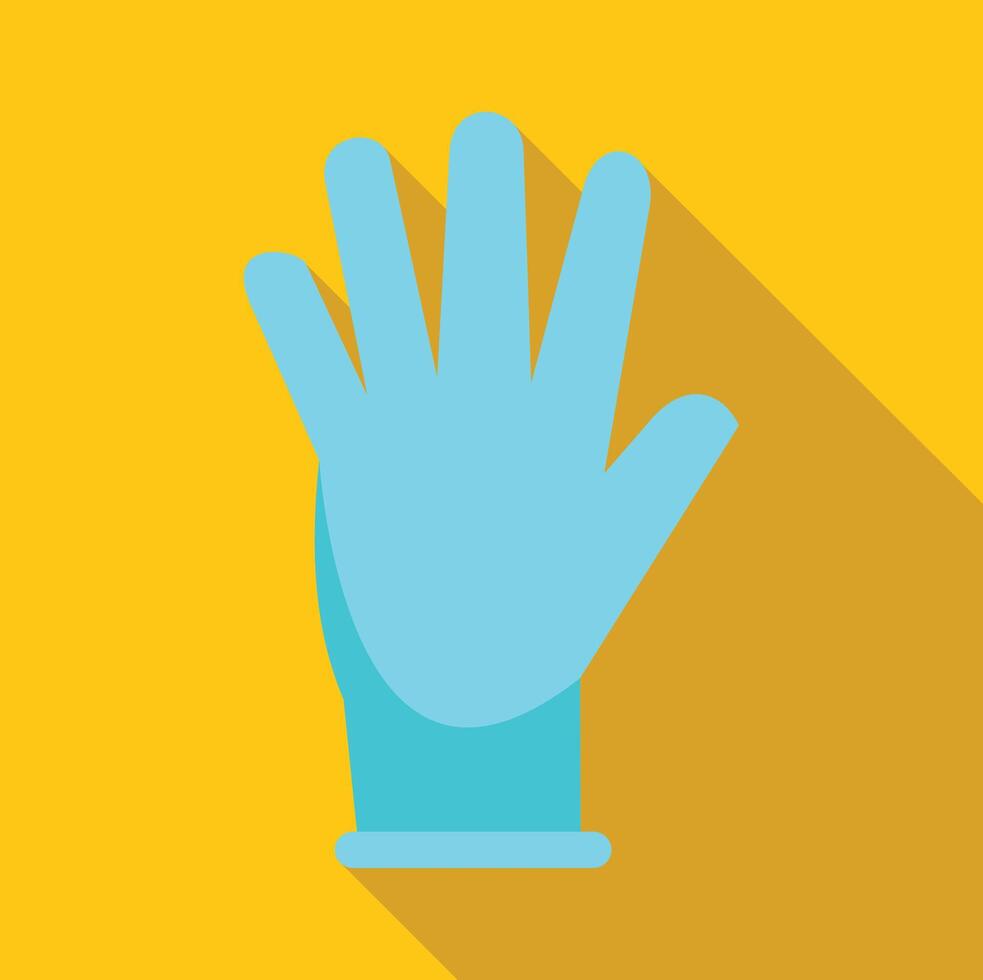 Blue latex glove showing open hand on yellow background vector
