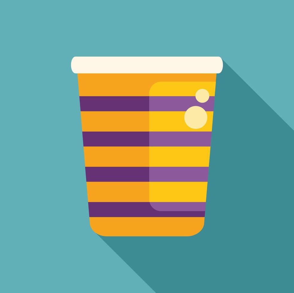 Disposable paper cup with yellow and purple stripes containing a soda vector