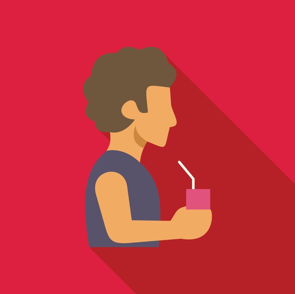 Young man drinking juice box with straw in side view vector