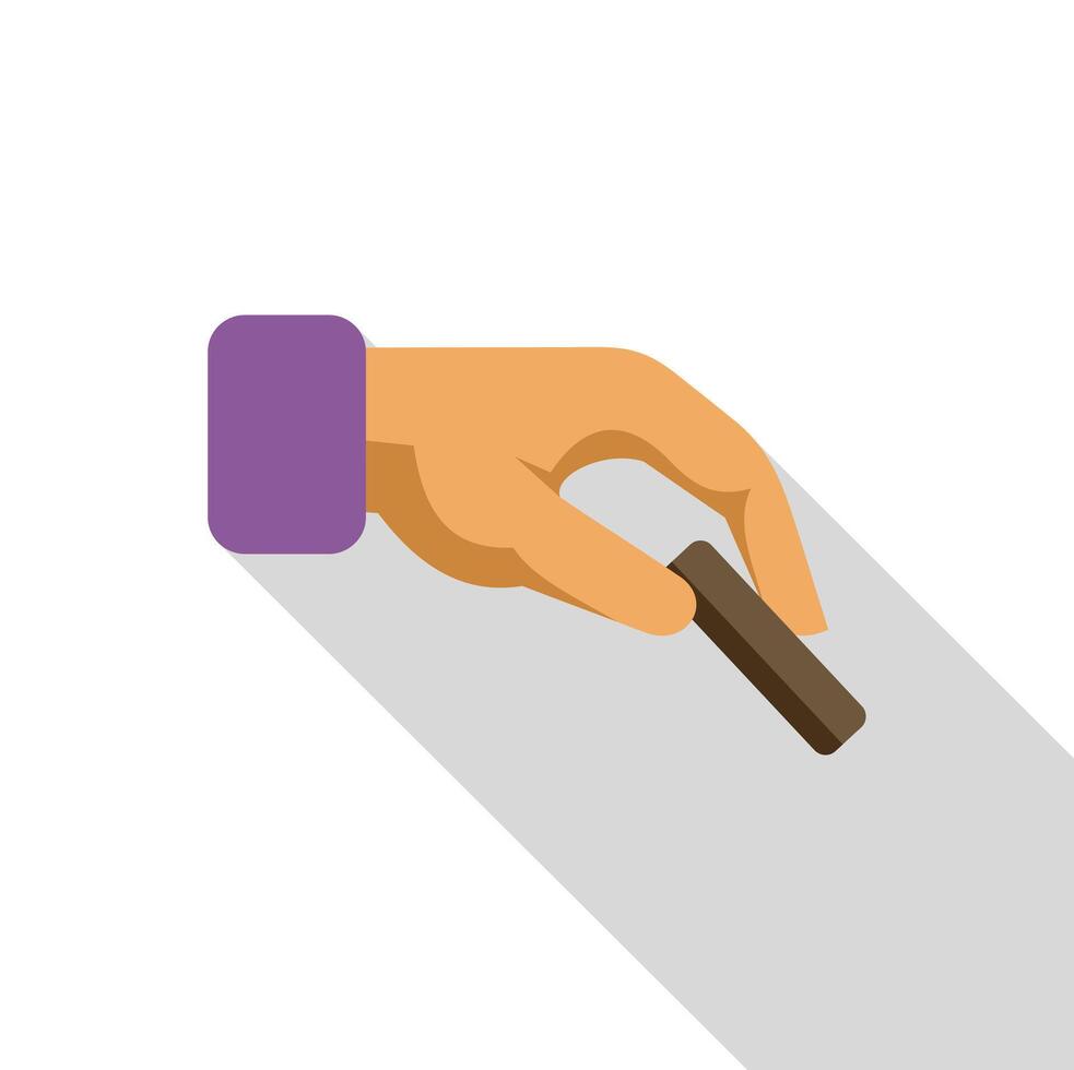 Hand holding a small rectangular object with long shadow vector