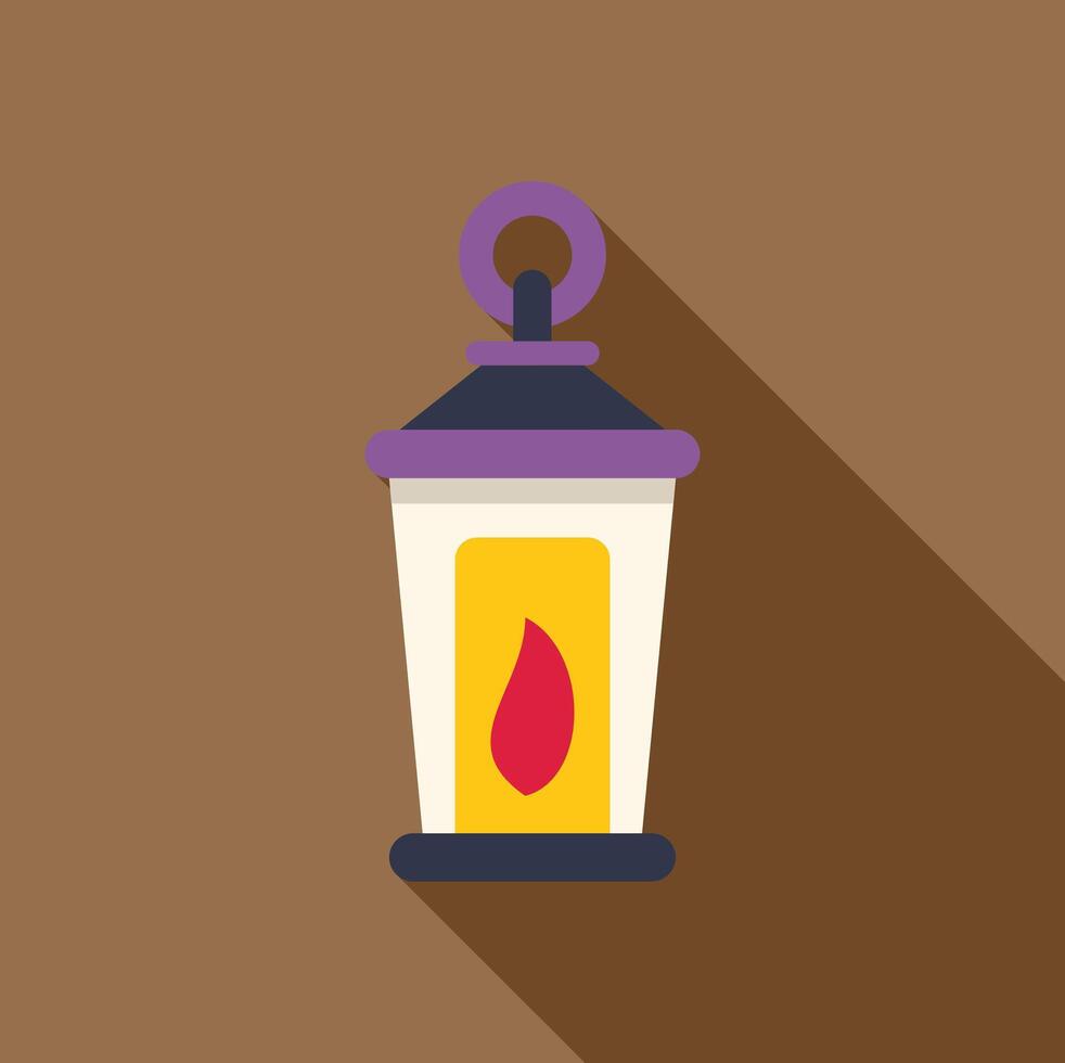 Hanging purple camping lantern with burning flame inside, flat design icon vector