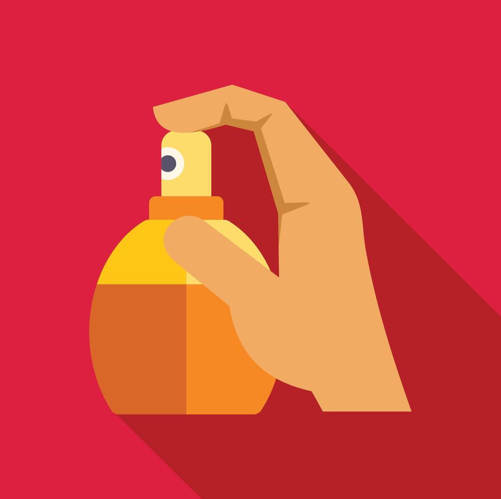 Hand holding and spraying perfume bottle on red background vector