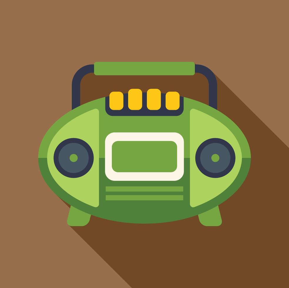 Green radio cassette player broadcasting music with long shadow vector