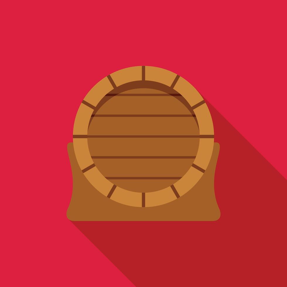 Wooden barrel resting on support on red background, flat design vector