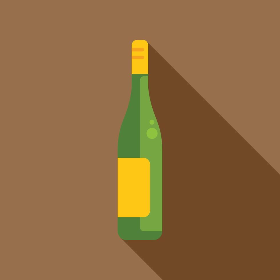 Green wine bottle with yellow label casting long shadow on brown background vector