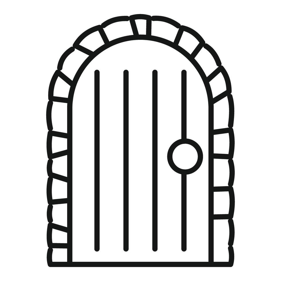 Arched wooden door with round handle and stone frame drawing vector