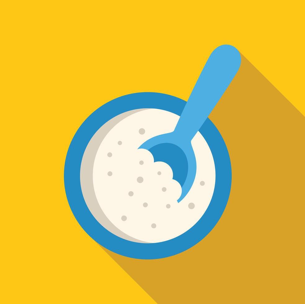 Baby food in bowl with spoon on yellow background vector