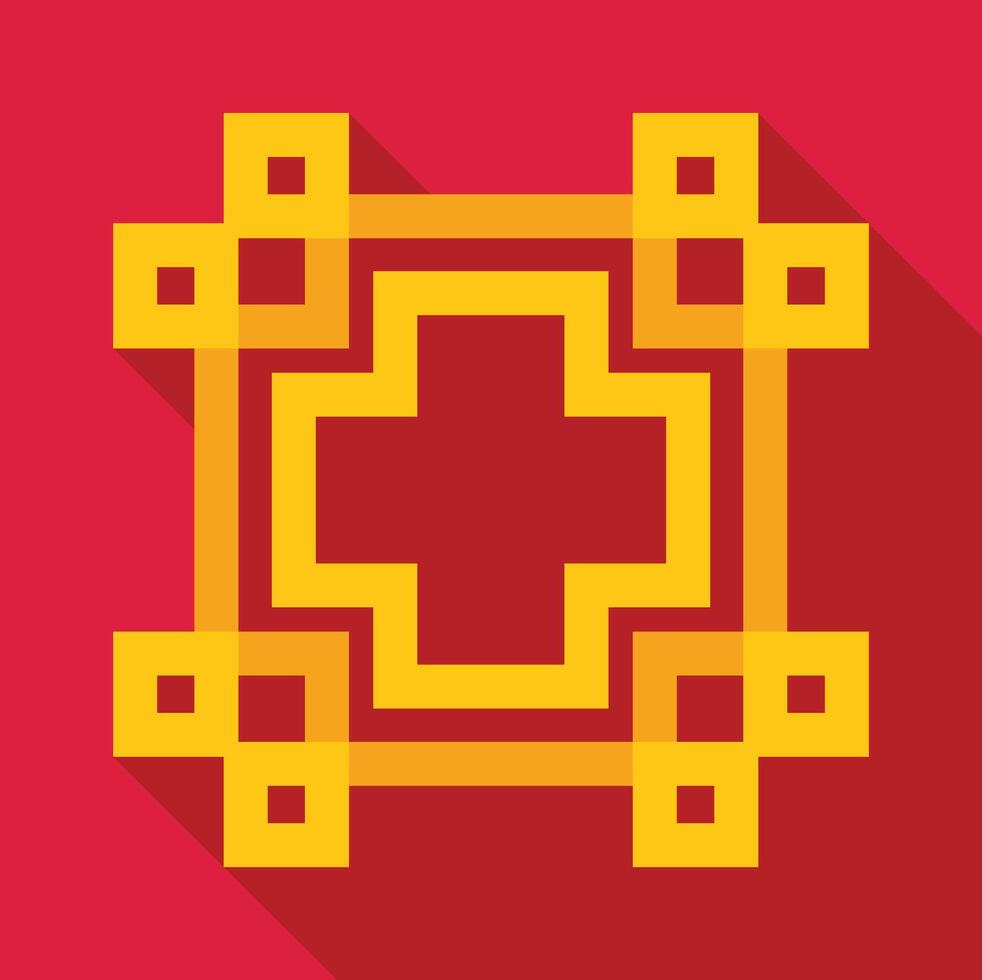 Golden cross in square frame with pixel art style on red background vector