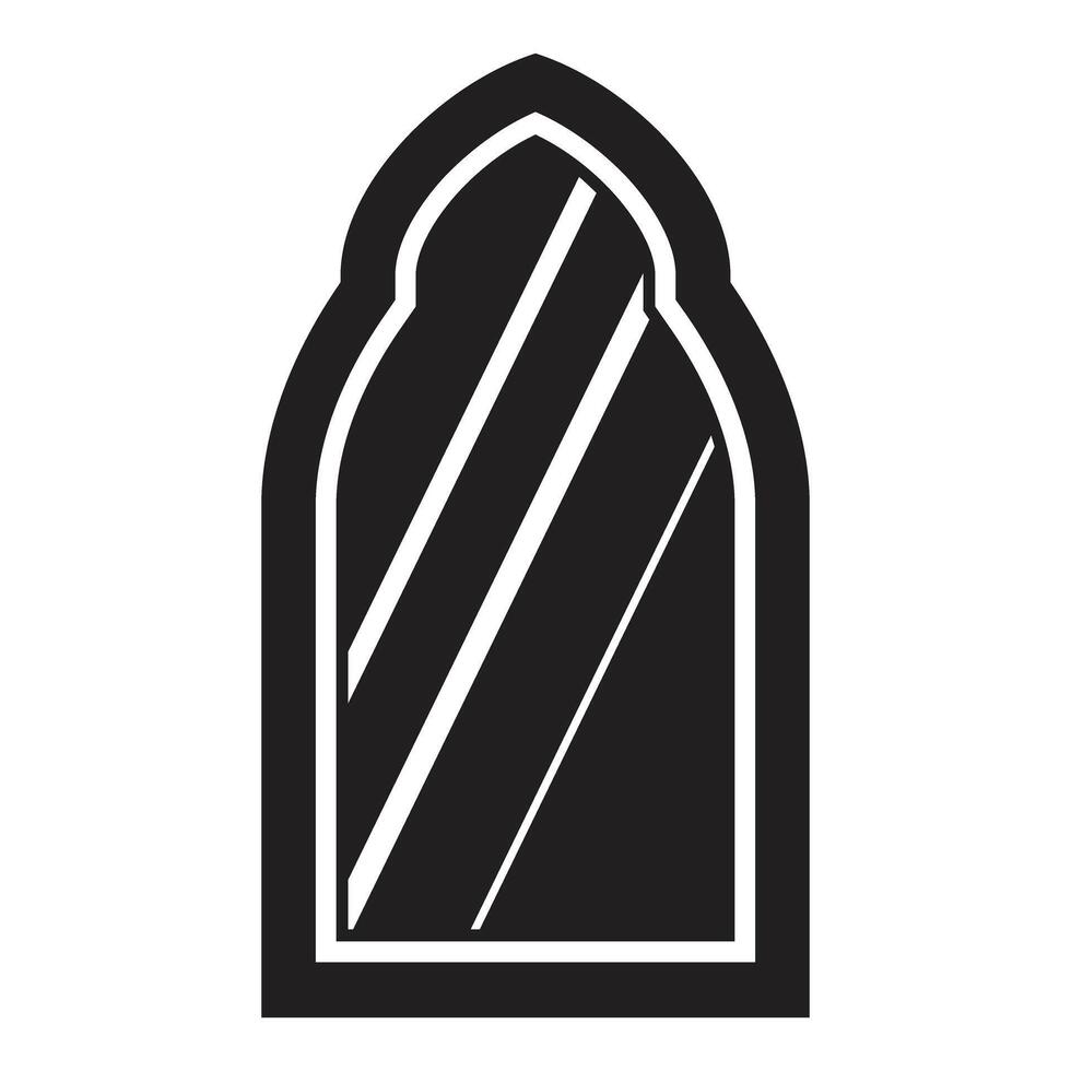 Arched window reflecting light beams, simple black and white icon vector