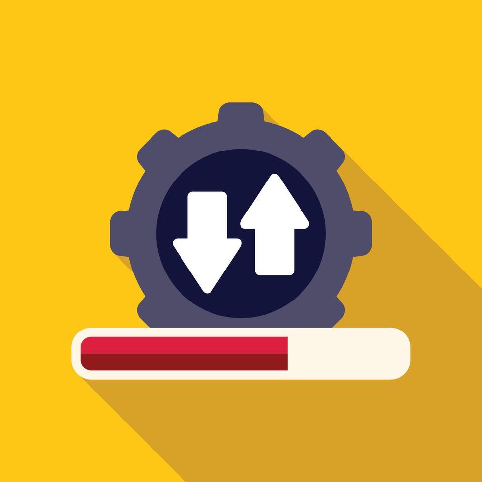 Software update progress bar and gear icon displaying upload and download arrows vector
