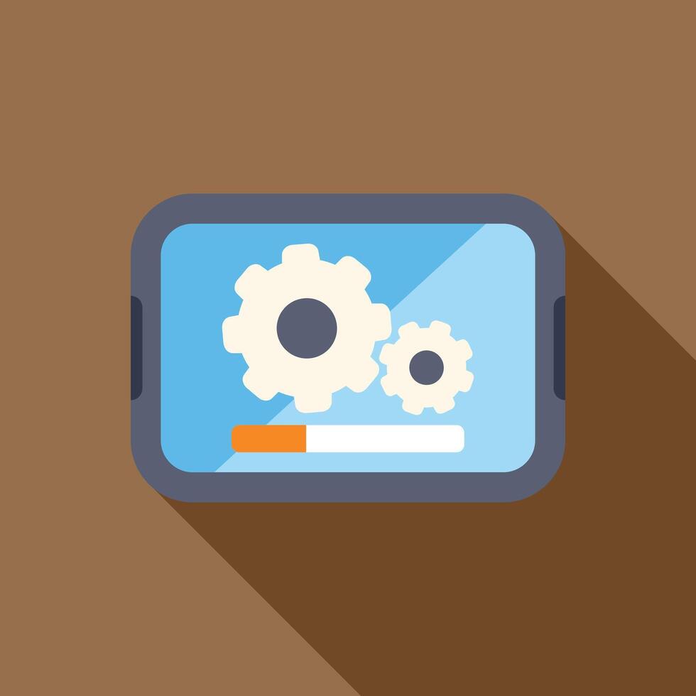 Mobile phone showing updating app with progress bar and gears vector