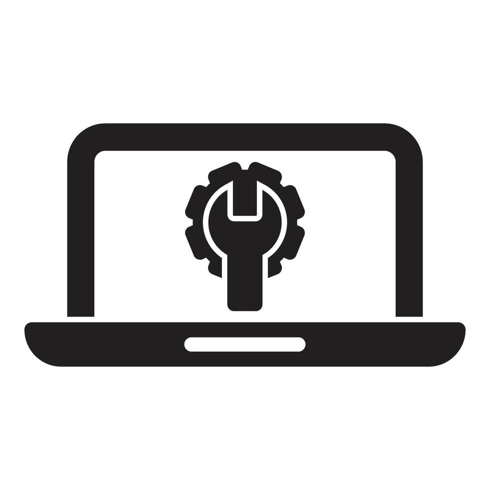 Laptop showing wrench and gear for maintenance and technical support vector