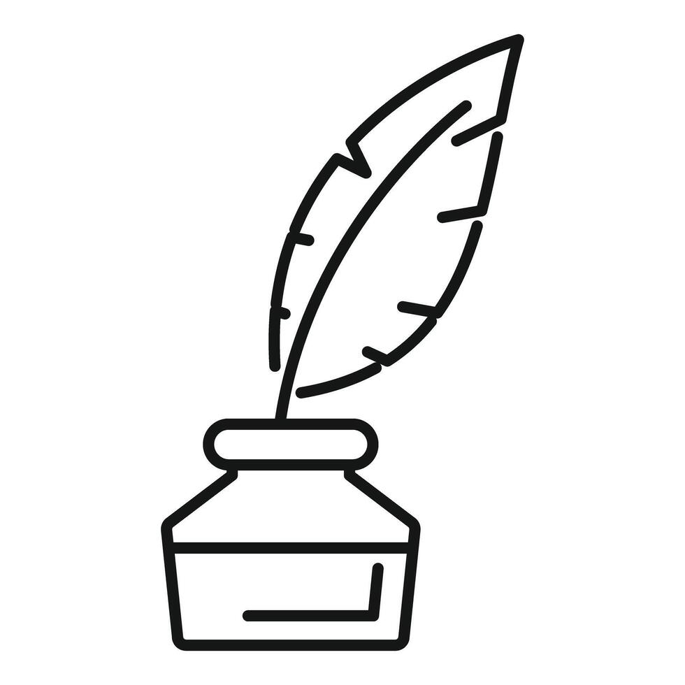 Feather quill pen resting in inkwell, writing instrument icon vector